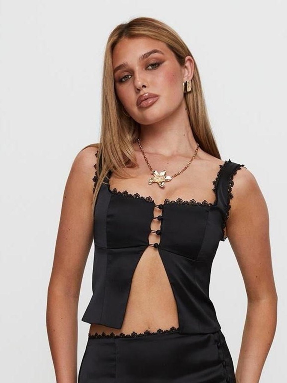 Princess Polly Black Lace-Trim Hook Front Crop Top